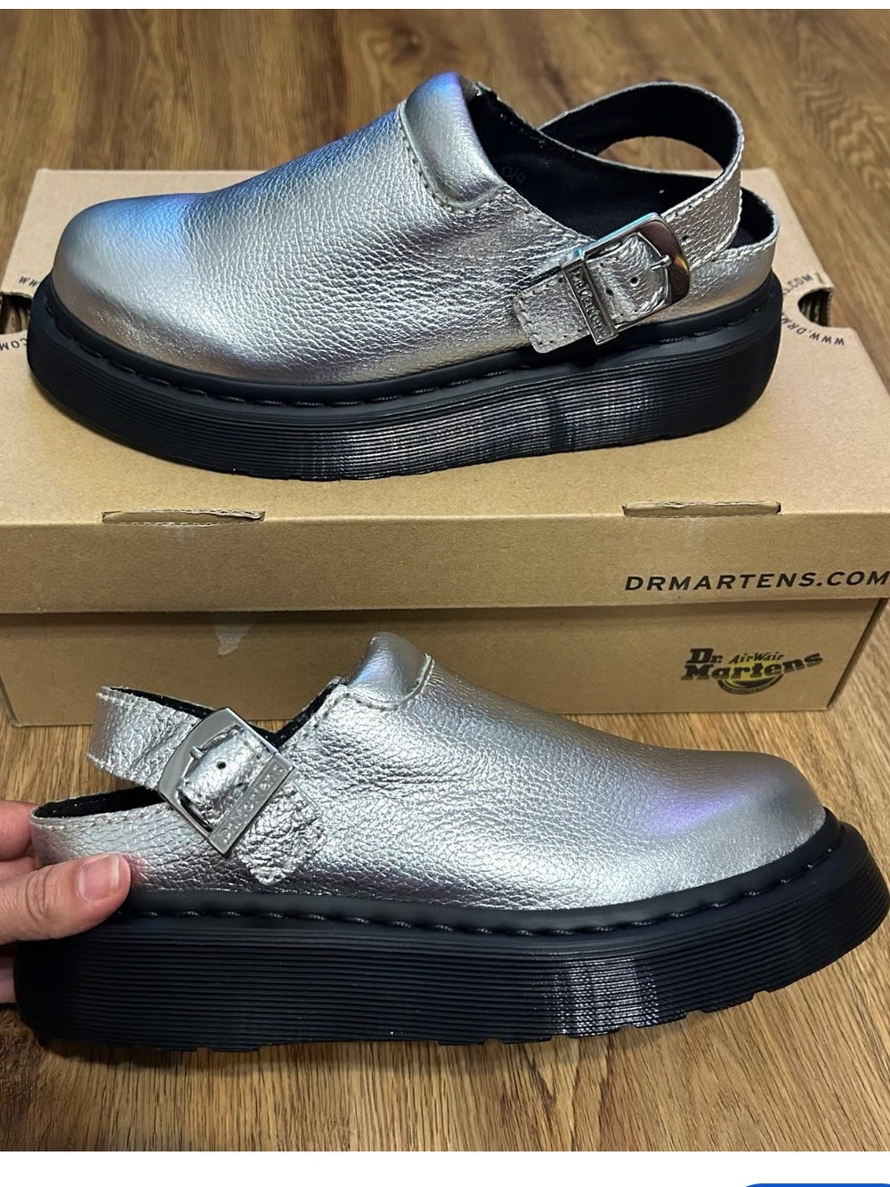 Dr. Martens Silver Leather Sling-Back Platform Mules